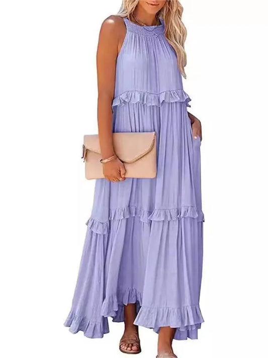 Summer Vacation Style Halter Neck Long Dresses Backless Leace-up Loose Ruffles Beach Dress Vestidos