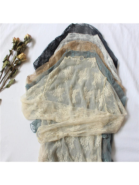 Summer Lace Embroidery Blouses Shirt Tops Mesh Blouses Transparent See-through Black Shirt