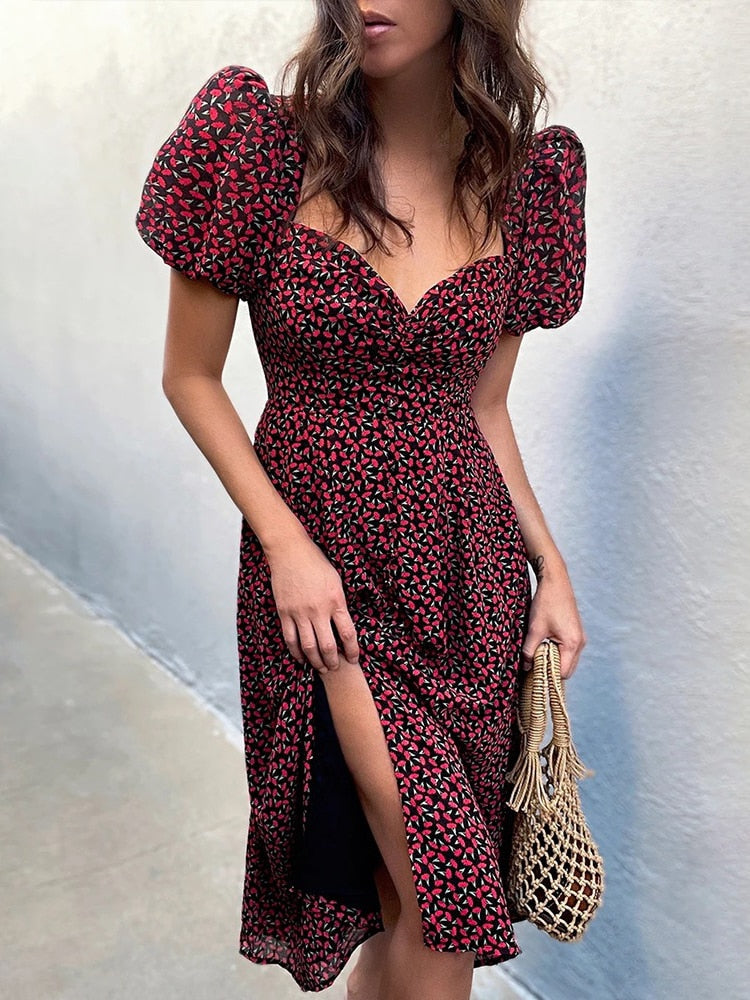 Midi Dress Print Split Blue Sundress Party Beach Dress