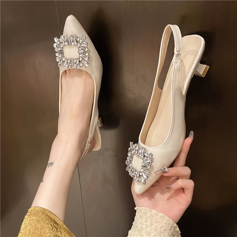 New Pointed Toe Shal Nude Pink Diamond Back Strappy Dress Shoes Low Heel Pumps