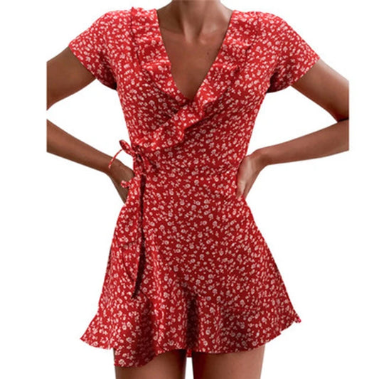 Summer ’s Floal A-line Dress Sweet Ruffles V-neck Bandage Short Dress for Lady Flowers Mini Dress