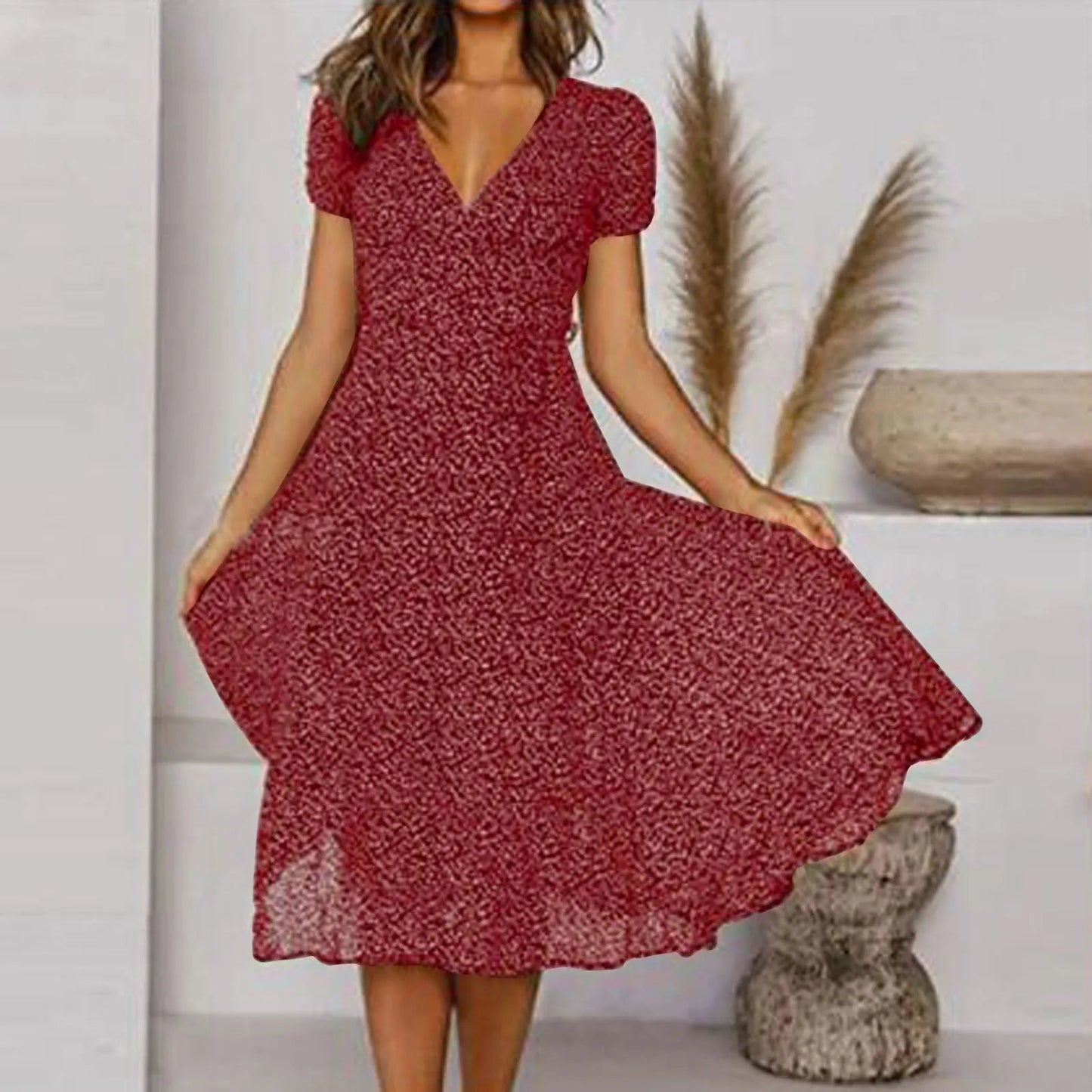 Summer Short V Neck Polka Dot Sun Midi Dresses
