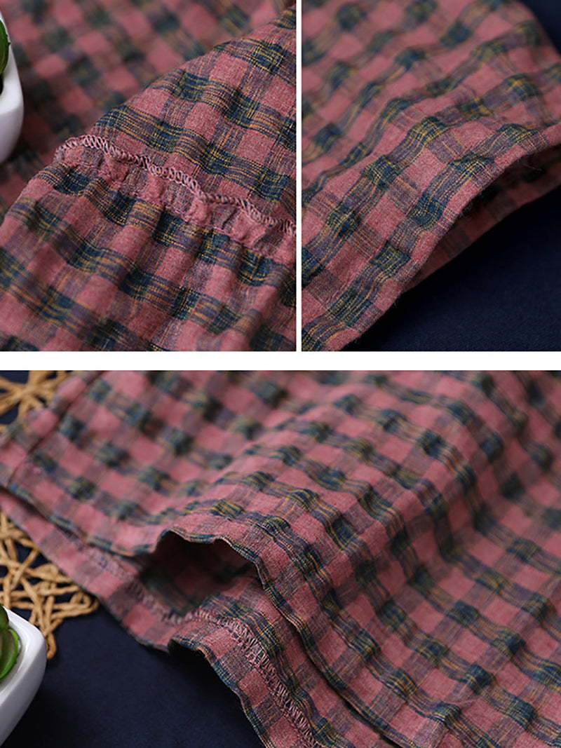 Summer Plaid Round Neck Cotton Linen Midi Dress Xx1060
