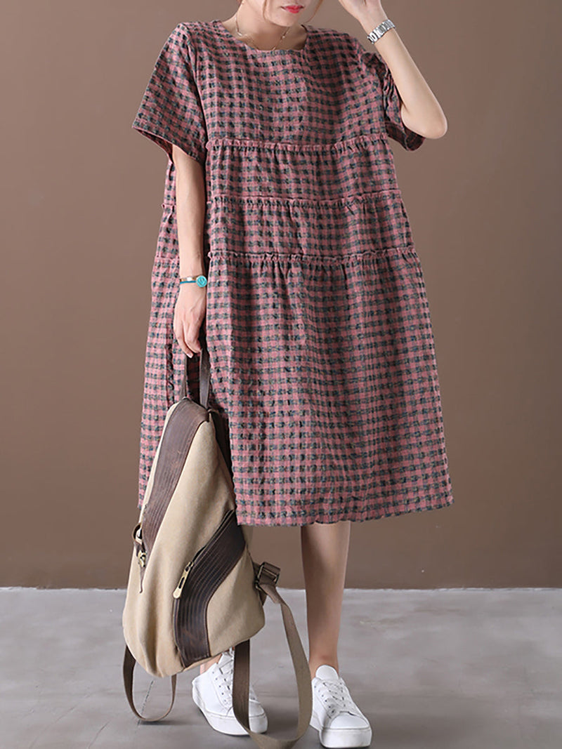 Summer Plaid Round Neck Cotton Linen Midi Dress Xx1060