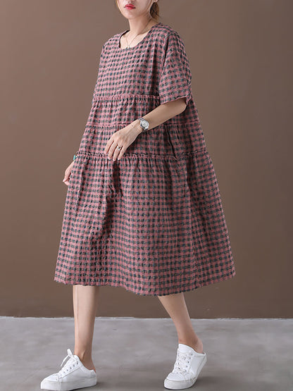 Summer Plaid Round Neck Cotton Linen Midi Dress Xx1060