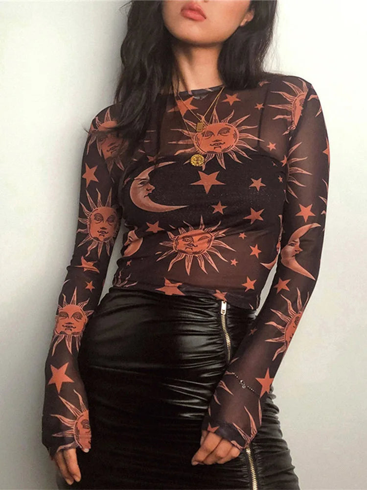 Sun Moon Printed Transparent Mesh T-shirt O-neck Long Sleeve Slim Basic Female Tops Spring New