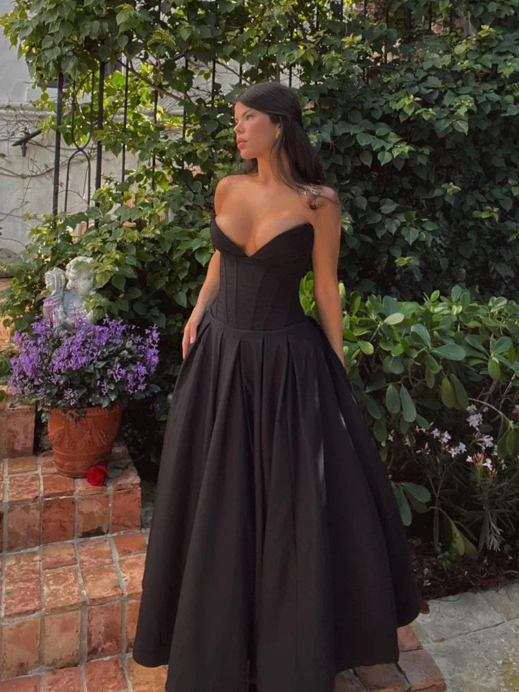 Suninheart Black Strapless Corset Midi Dresses