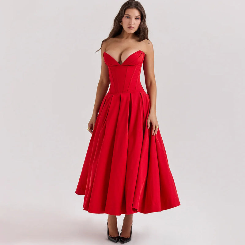 Suninheart Black Strapless Corset Midi Dresses