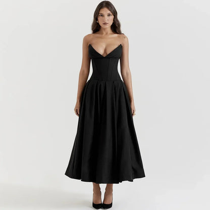Suninheart Black Strapless Corset Midi Dresses