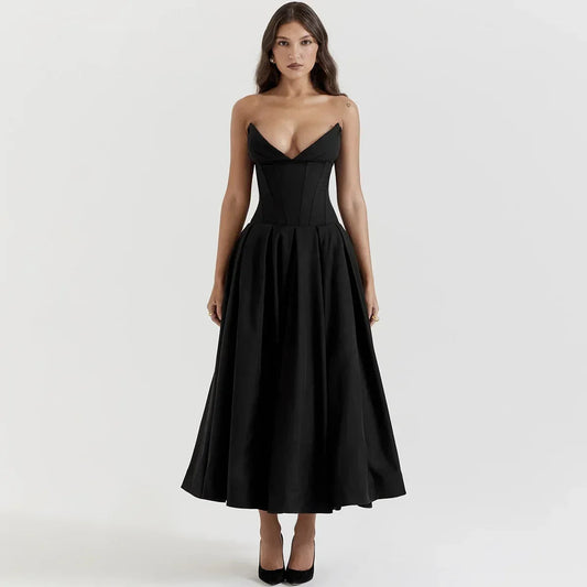 Suninheart Black Strapless Corset Midi Dresses