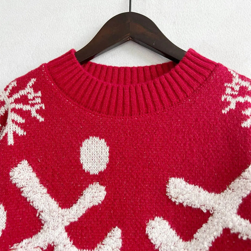 Pink Christmas Sweater With Loose Neck and Love Heart Pattern