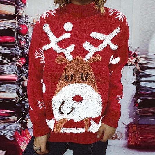 Pink Christmas Sweater With Loose Neck and Love Heart Pattern