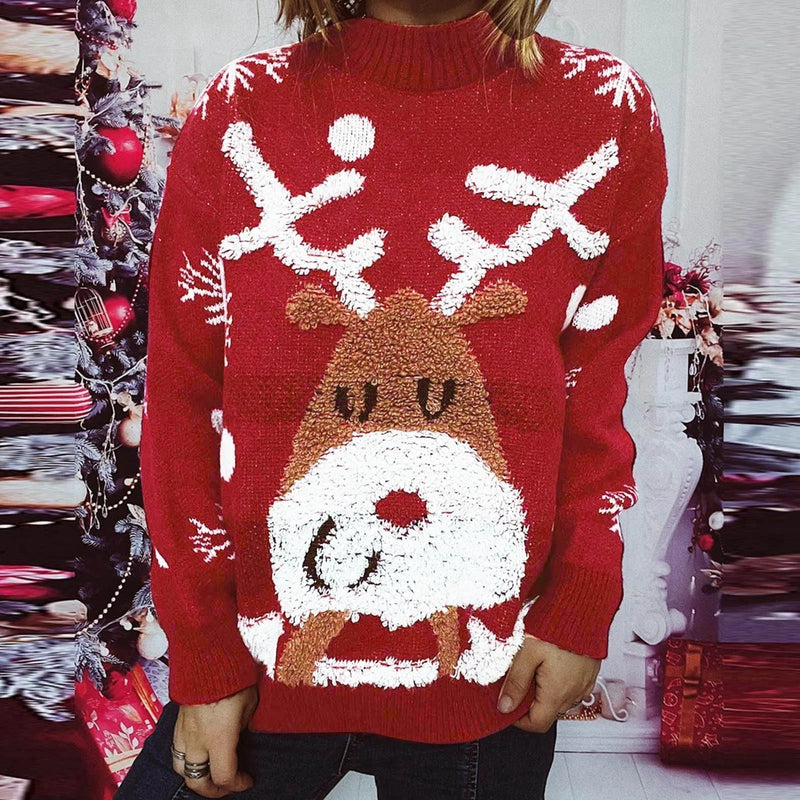 Pink Christmas Sweater With Loose Neck and Love Heart Pattern