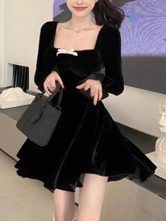 Sweet Black Velvet Mini Dress Flare Sleeve Square Collar Autumn Winter France Birthday Party Kawaii Vestidos New