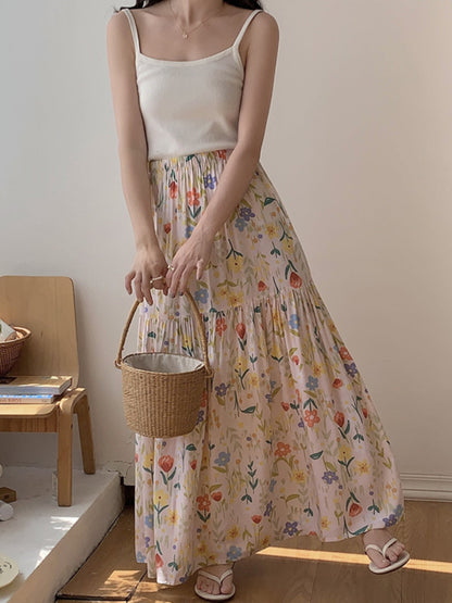 Sweet Cotton Skirt Summer Crinkled Midi Skirt for Flowy Skirt