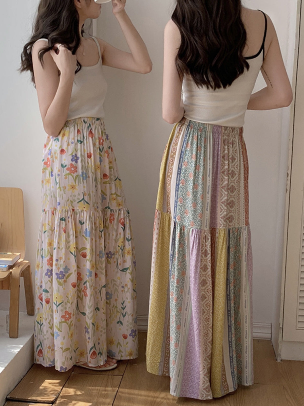 Sweet Cotton Skirt Summer Crinkled Midi Skirt for Flowy Skirt