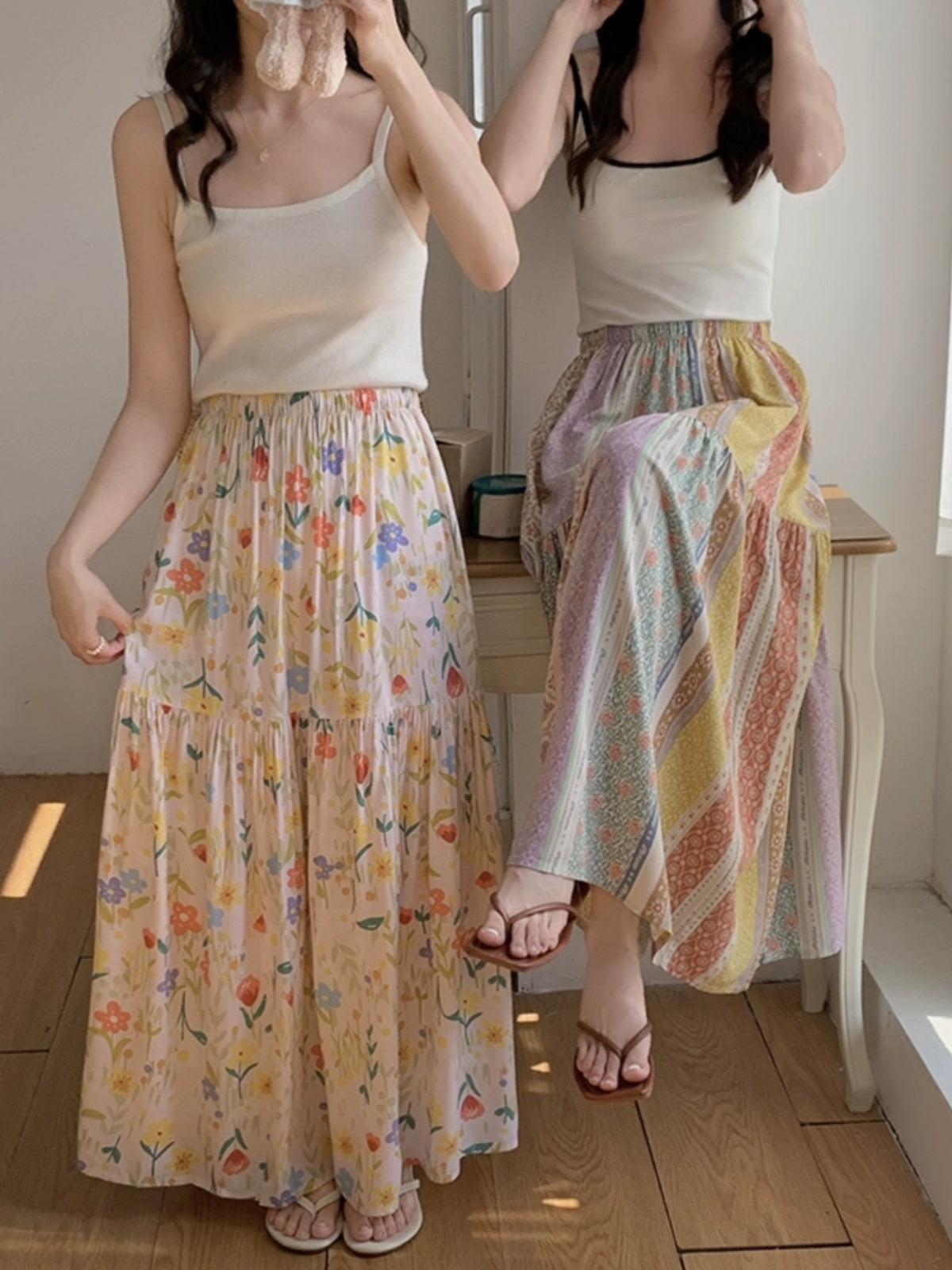 Sweet Cotton Skirt Summer Crinkled Midi Skirt for Flowy Skirt