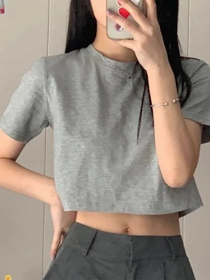 T-shirt Cropped Minimalist Slim Preppy Basic Tops Korean Style Popular