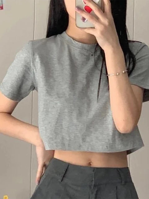 T-shirt Cropped Minimalist Slim Preppy Basic Tops Korean Style Popular