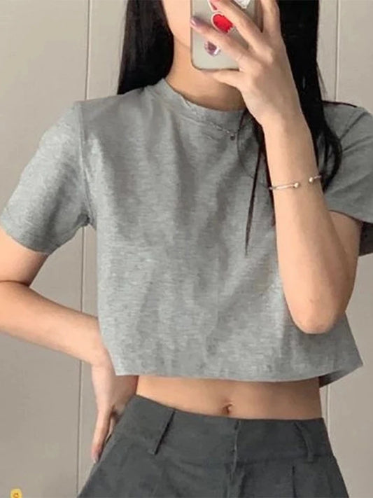 T-shirt Cropped Minimalist Slim Preppy Basic Tops Korean Style Popular
