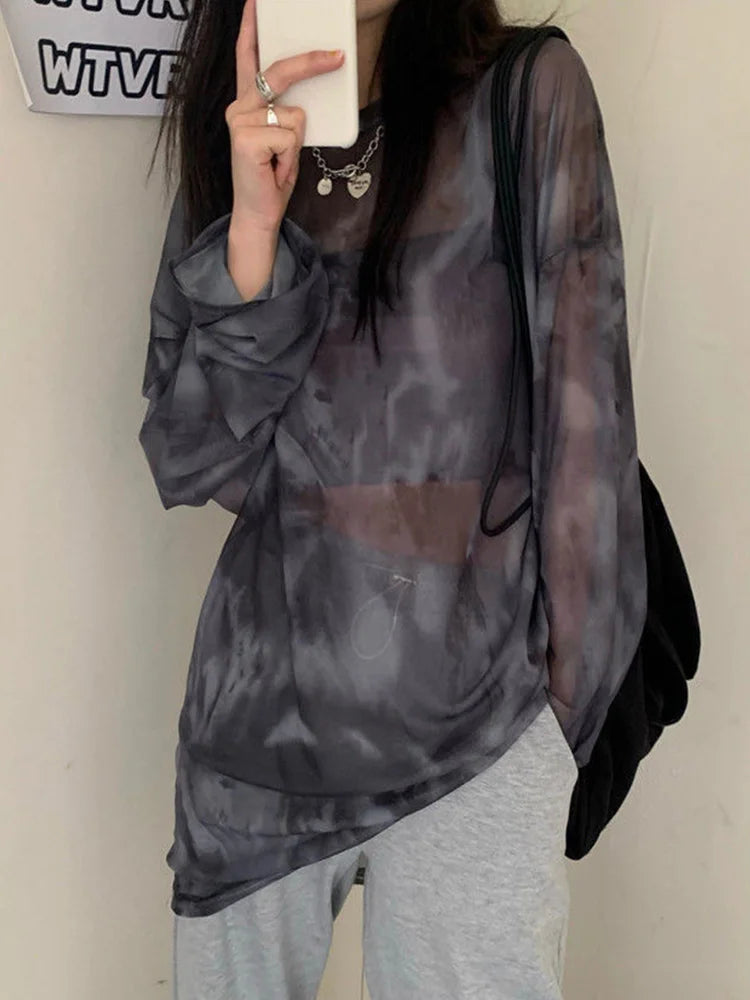 T-shirt Tie Dye Long Sleeve Spring Loose High Street Stylish Thin Leisure Minimalist Harajuku Ins Comfortable