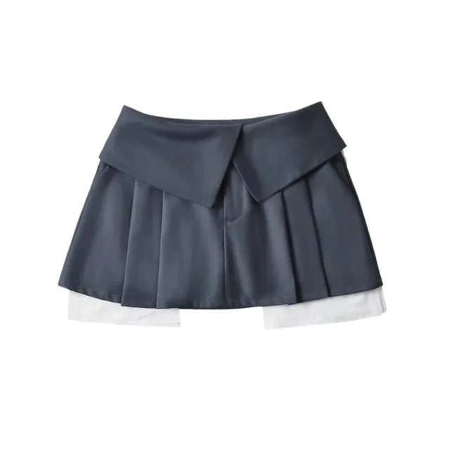 New Mini Skirt for High Waist Gray Pleated Skirt A-line Turn-down Shorts Y2k Skirt With Pockets