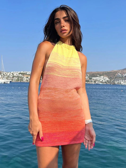 Summer Dress for Knitting Halter Sleeveless Bodycon Mini Dresses Y2k Backless Beach Dress Short