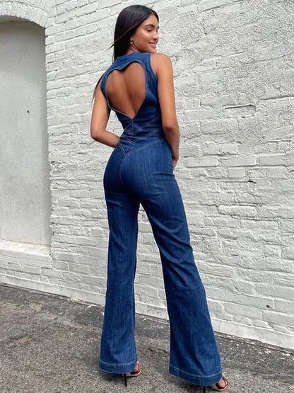 Backless Heart Cutout Bodycon Jumpsuit for Sleeveless Slim One-piece Outfits Retro Denim Jumpsuits New