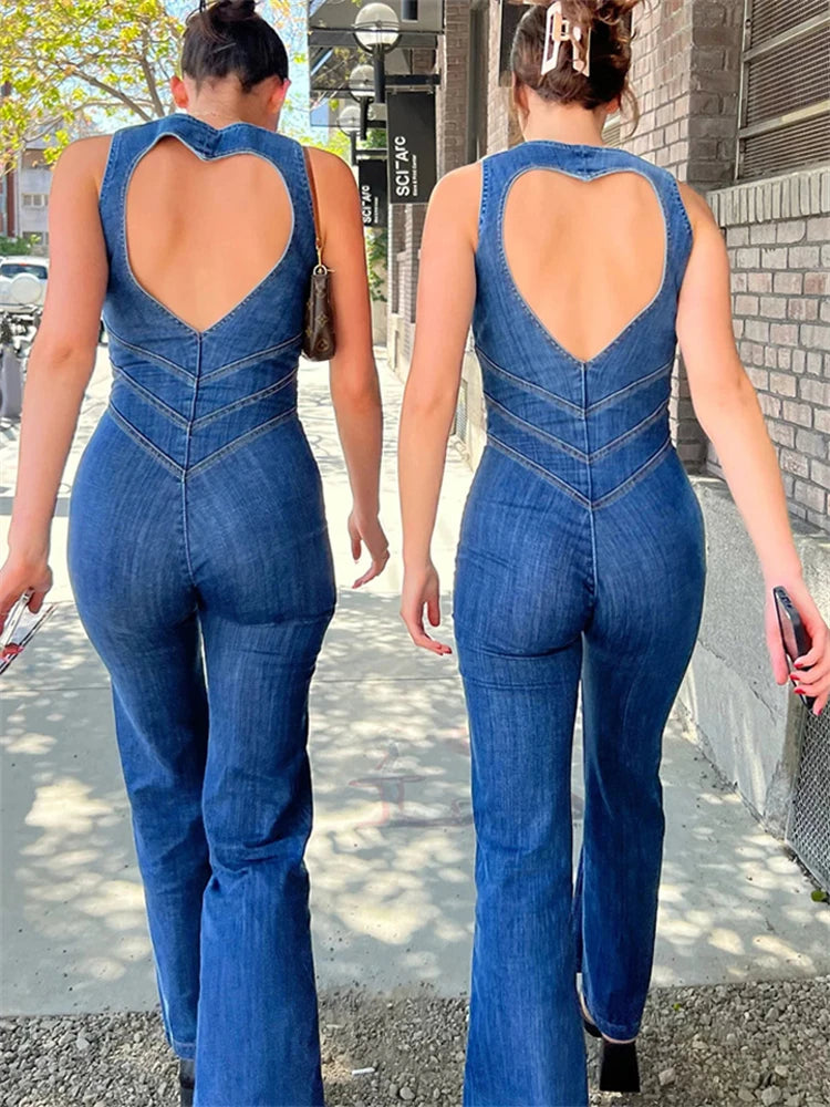 Backless Heart Cutout Bodycon Jumpsuit for Sleeveless Slim One-piece Outfits Retro Denim Jumpsuits New