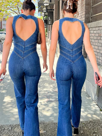 Backless Heart Cutout Bodycon Jumpsuit for Sleeveless Slim One-piece Outfits Retro Denim Jumpsuits New