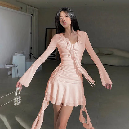Bandage Folds Mini Dress for V Neck Slim Long Sleeve Bodycon Dresses Femme Street High Waist Dresses