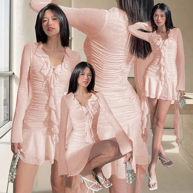 Bandage Folds Mini Dress for V Neck Slim Long Sleeve Bodycon Dresses Femme Street High Waist Dresses