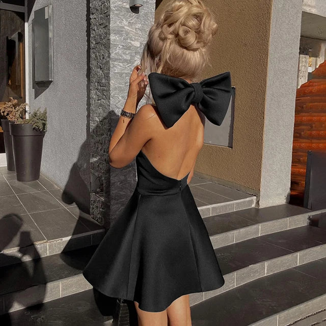 Big Backless Bow Dress for Slim Pleated Sleeveless Splice Halter Neck Evening Party Mini Dress Female