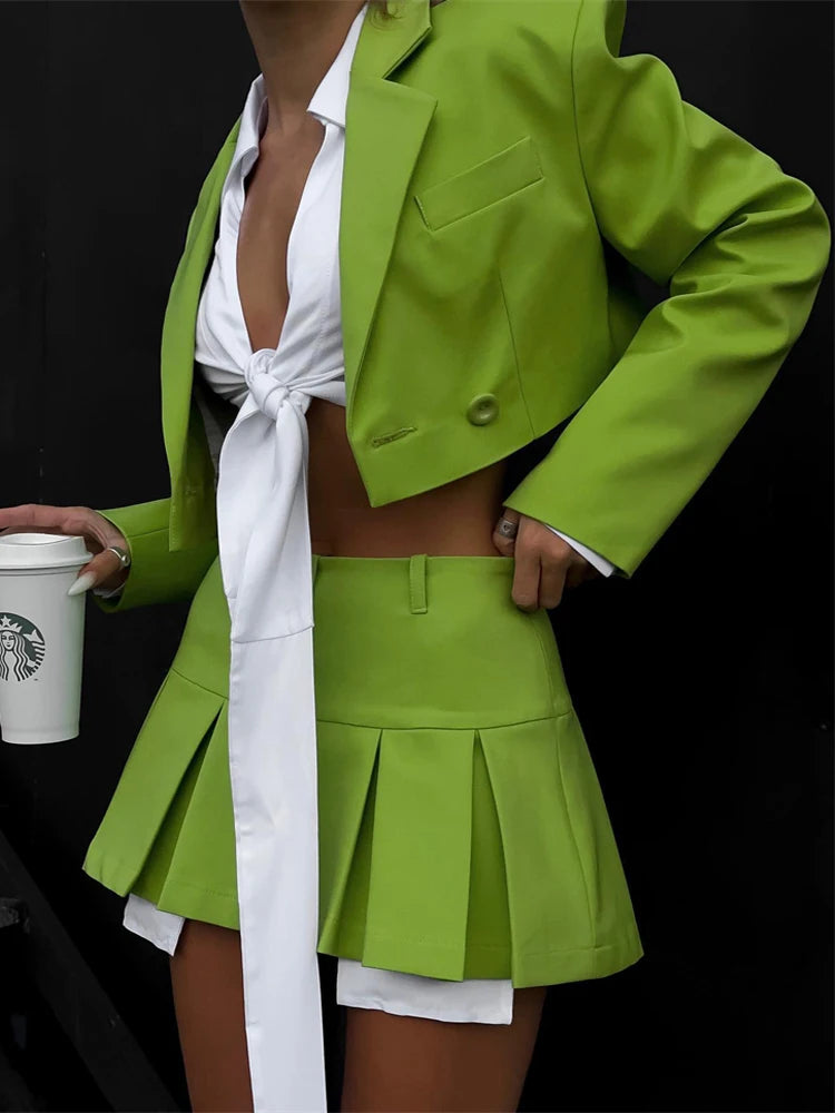 Black Blazer Sets Two Piece Cropped Blazer Jacket Coat and Mini Skirts Sets for Suit