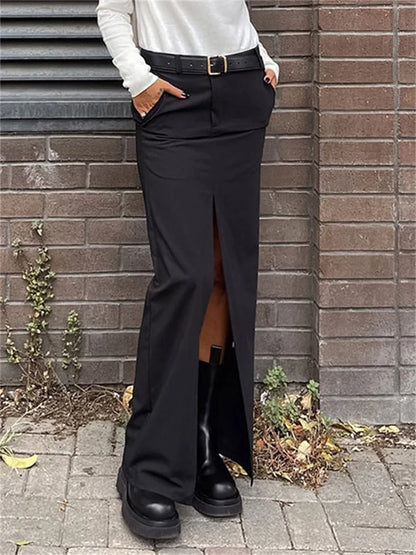 Black Long Skirt for High Waist Slim Bodycon Skirts Split Out Basic Straight Maxi Skirt