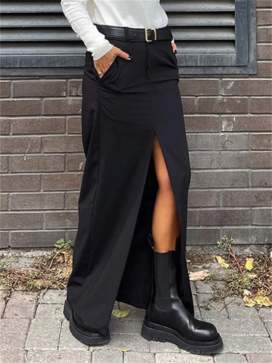 Black Long Skirt for High Waist Slim Bodycon Skirts Split Out Basic Straight Maxi Skirt