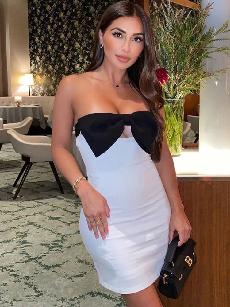 Bow Splice Slim Dress for Off Shoulder Backless Mini Dresses Hot Party Evening Dress Lady