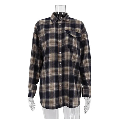 Retro Blouse Autumn Winter Loose Long Shirts Female Plaid Basic Street Cardigan Woman Clothing