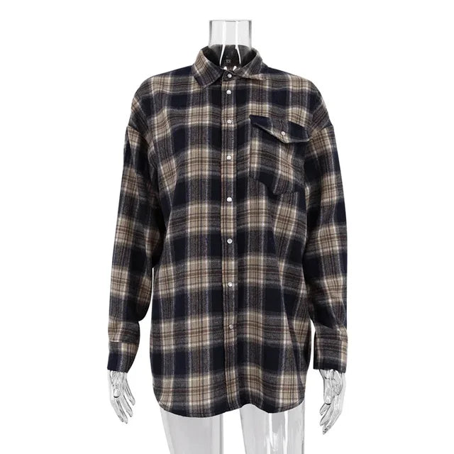 Retro Blouse Autumn Winter Loose Long Shirts Female Plaid Basic Street Cardigan Woman Clothing