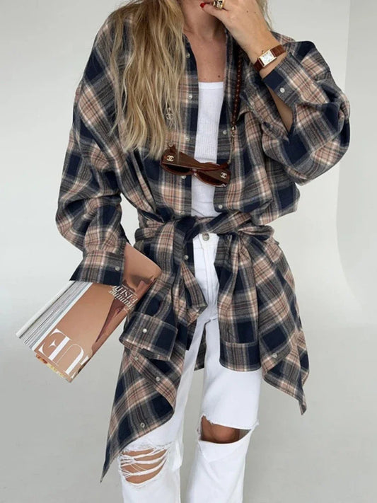 Retro Blouse Autumn Winter Loose Long Shirts Female Plaid Basic Street Cardigan Woman Clothing