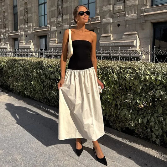 Clash Color Strapless Maxi Dress for Summer Off Shoulder Patchwork Backless Sleeveless Beach Dress Female