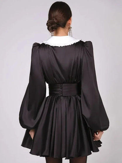 Deep V Neck Folds Dress for Ruffles Turn Collar Belt Mini Dresses Lady Retro Party Evening Dress Female New