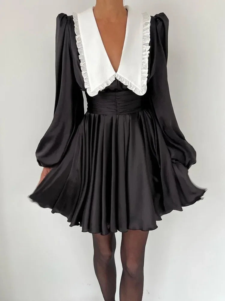 Deep V Neck Folds Dress for Ruffles Turn Collar Belt Mini Dresses Lady Retro Party Evening Dress Female New