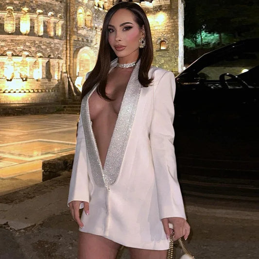 Deep V Neck Hot Drill Mini Dress for Slim Long Sleeve Backless Coats Femme Party High Waist Blazers Woman