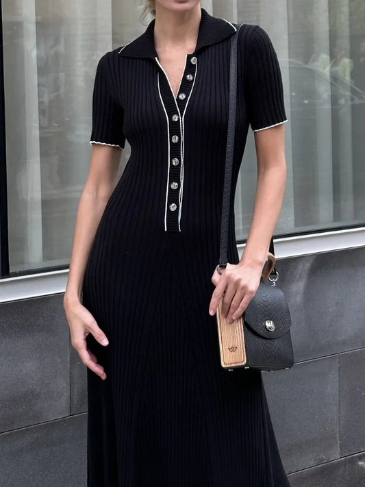 Deep V Neck Maxi Dresses for Autumn Slim Short Sleeve Vestido De Mujer Knitted Bodycon Dress Woman