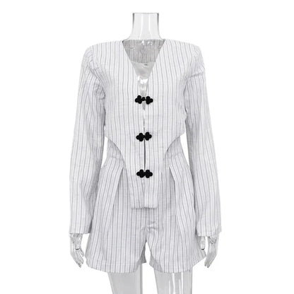 Designer ’s Striped Set Oversized Blazer Two Pieces Set for Pullover Long Sleeve Shirt Tops and Shorts