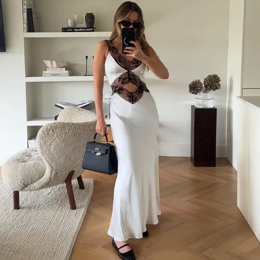 Lace Backless Hollow Maxi Dress for V Neck Patchwork Print High Waist Party Dress Female Long Dress