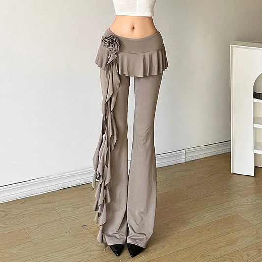 Flower Ribbons Straight Pants for Color High Strecth Folds Patchwork Female Summer Trousers