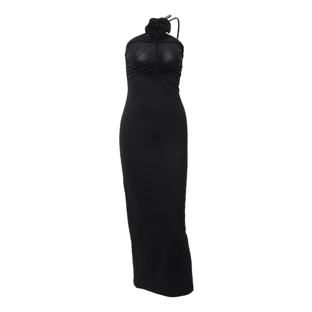Flower Bodycon Maxi Dresses for Folds Slim Black Sundress ’s Backless Party Temperament Dresses Woman