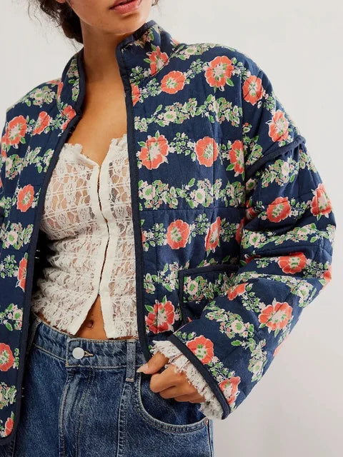 Flower Print Jackets for Pocket Slim Coat Clothes Street Autumn Cardigan Female New Outerwear